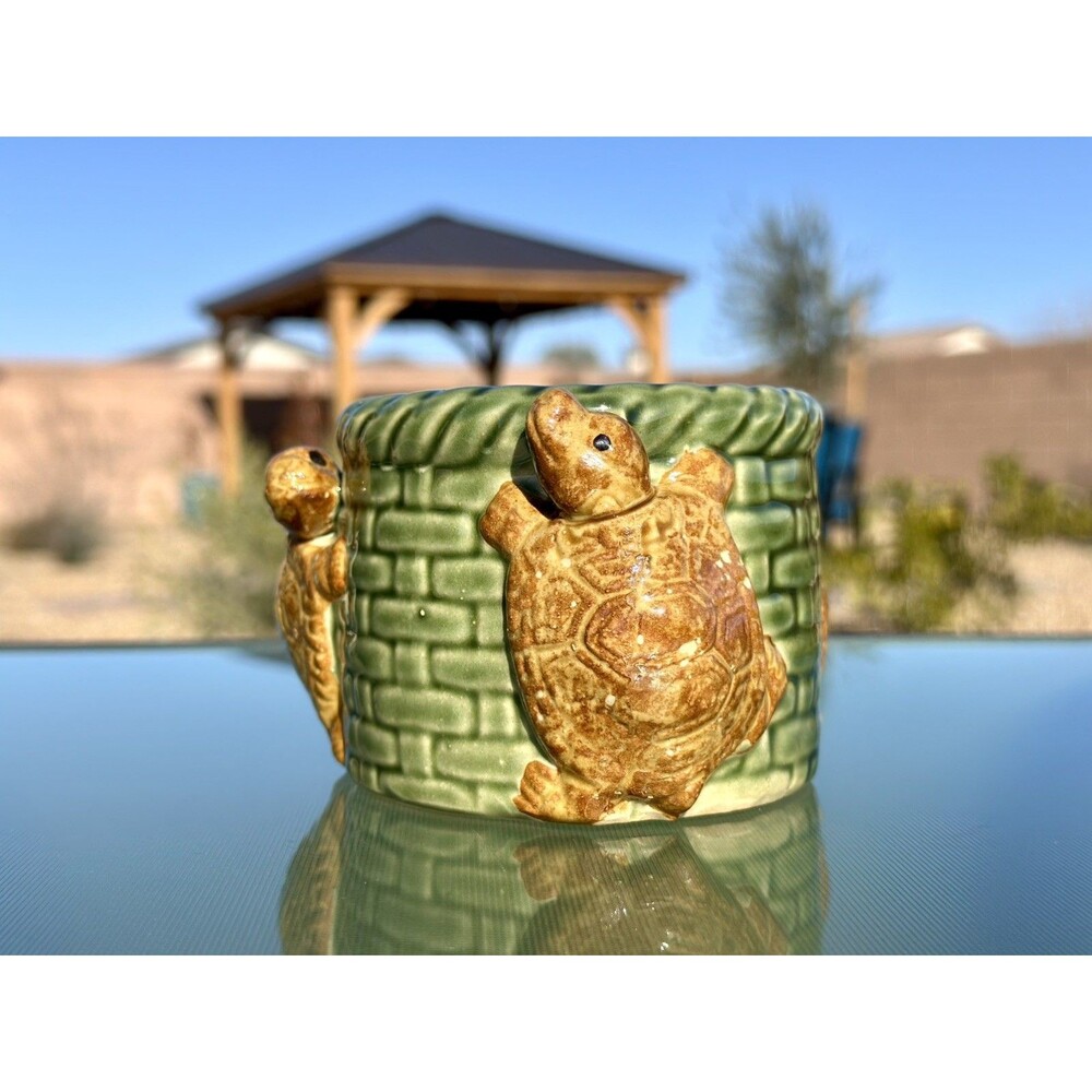 Handcrafted Ceramic Majolica w/ 3 Turtle on Planter Pot Brown Green Glaze Signed